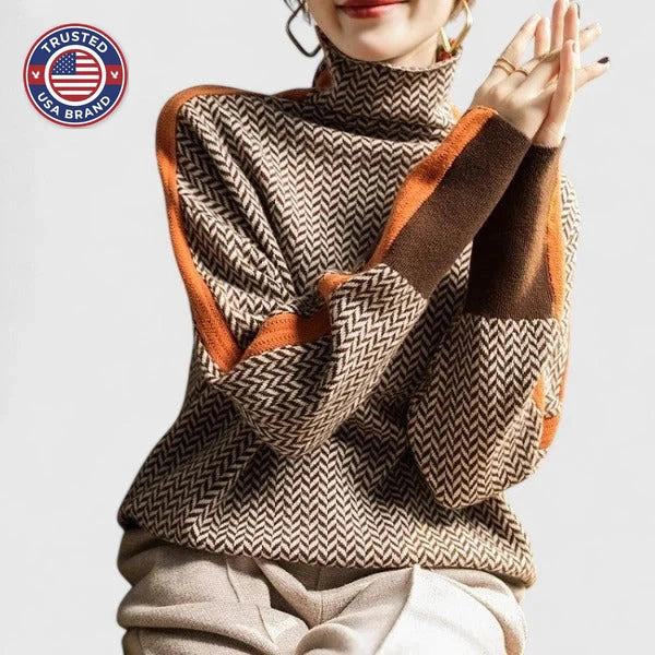 Women's herringbone knit winter roll neck sweater - Orange