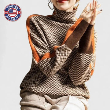 Women's herringbone knit winter roll neck sweater - Orange