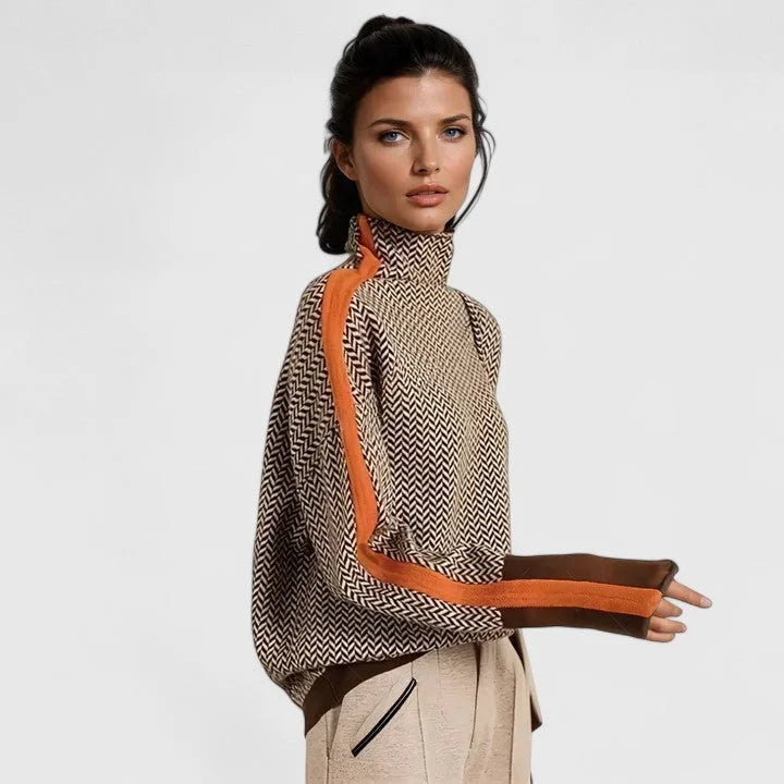 Women's herringbone knit winter roll neck sweater - Orange