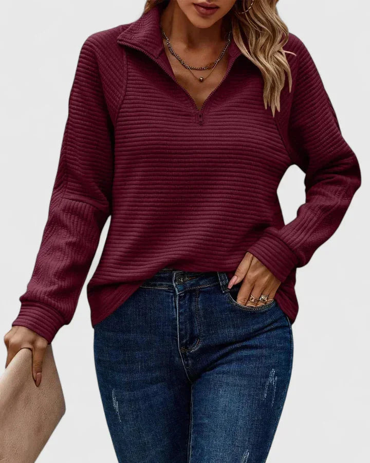 Women's ribbed stand collar winter half zip sweater with horizontal texture - Pink