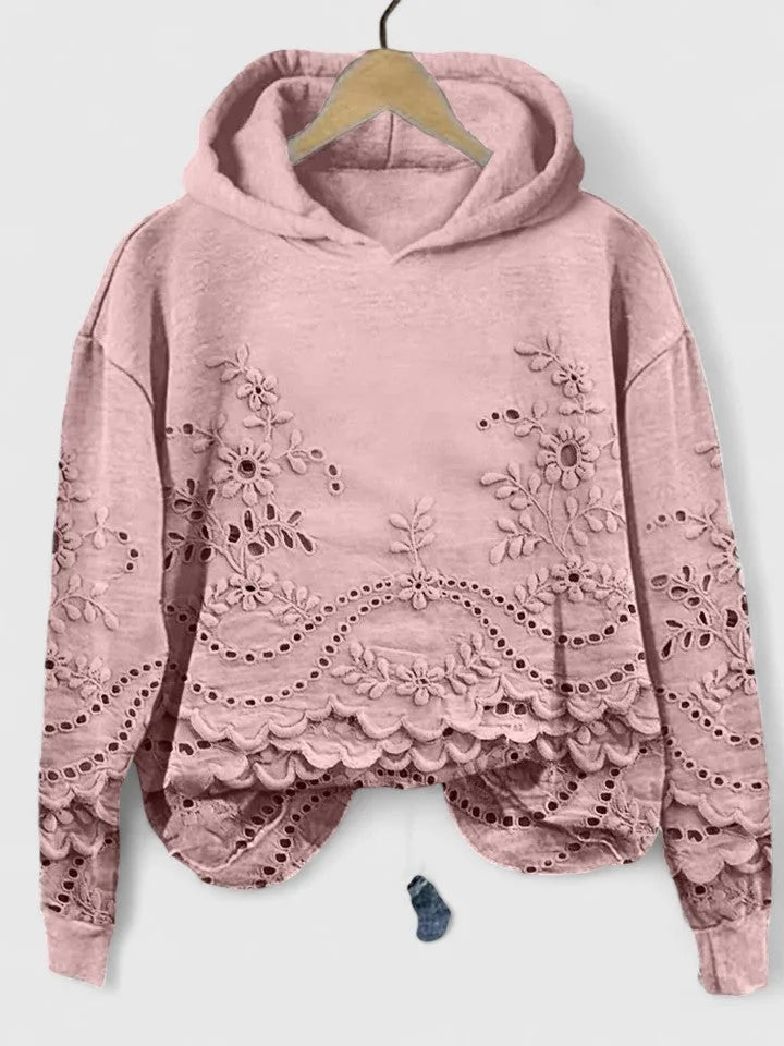 Women's floral cotton winter hoodie with eyelet embroidery - Pink