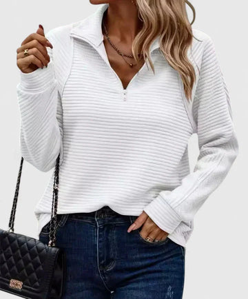 Women's ribbed stand collar winter half zip sweater with horizontal texture - Pink
