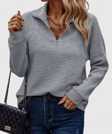 Women's ribbed stand collar winter half zip sweater with horizontal texture - Pink