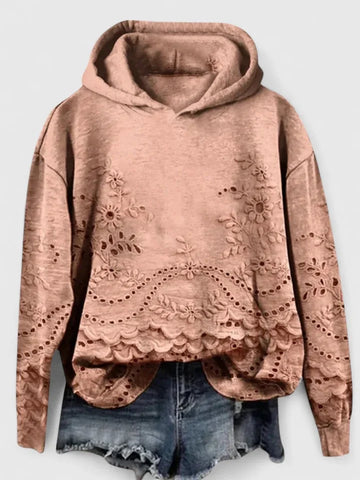 Women's floral cotton winter hoodie with eyelet embroidery - Pink