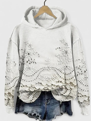 Women's floral cotton winter hoodie with eyelet embroidery - Pink