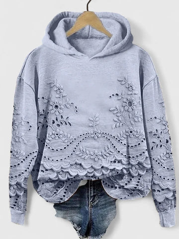 Women's floral cotton winter hoodie with eyelet embroidery - Pink
