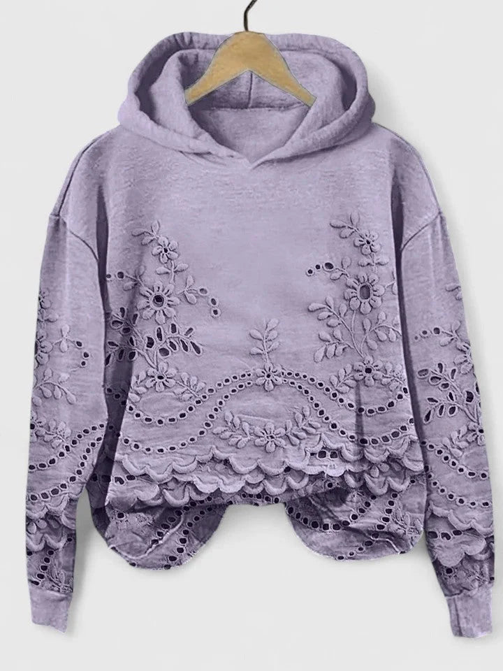 Women's floral cotton winter hoodie with eyelet embroidery - Pink