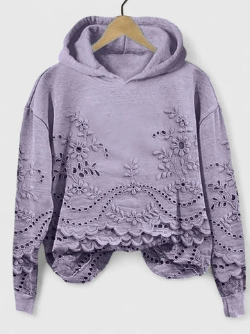 Women's floral cotton winter hoodie with eyelet embroidery - Pink