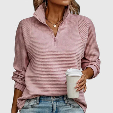 Women's ribbed stand collar winter half zip sweater with horizontal texture - Pink