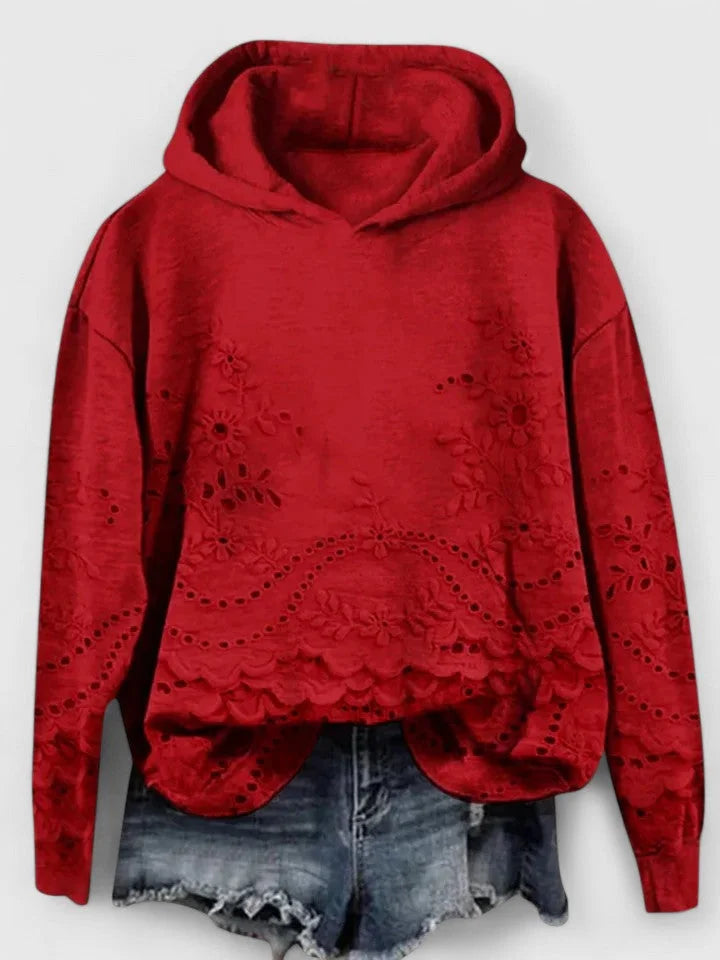 Women's floral cotton winter hoodie with eyelet embroidery - Pink