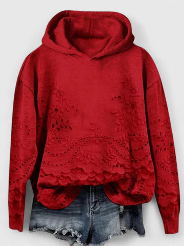 Women's floral cotton winter hoodie with eyelet embroidery - Pink