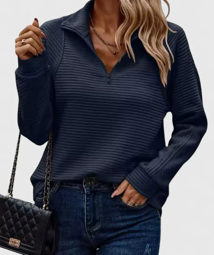 Women's ribbed stand collar winter half zip sweater with horizontal texture - Pink