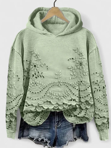 Women's floral cotton winter hoodie with eyelet embroidery - Pink