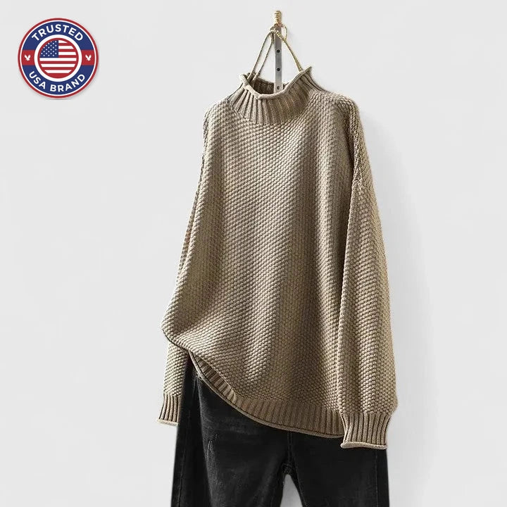 Women's knit winter roll neck sweater with popcorn texture - Red