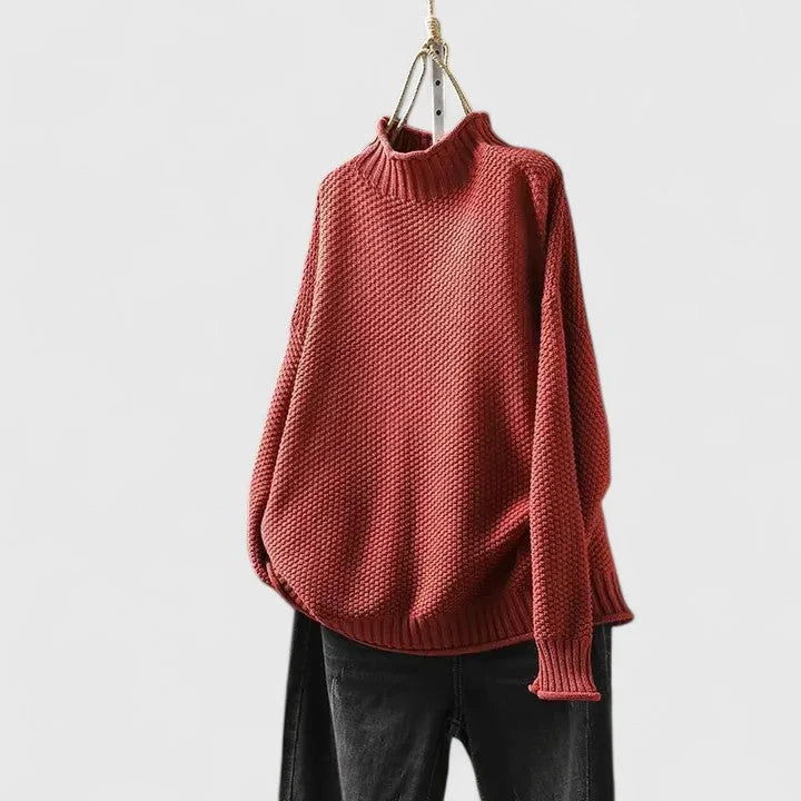 Women's knit winter roll neck sweater with popcorn texture - Red