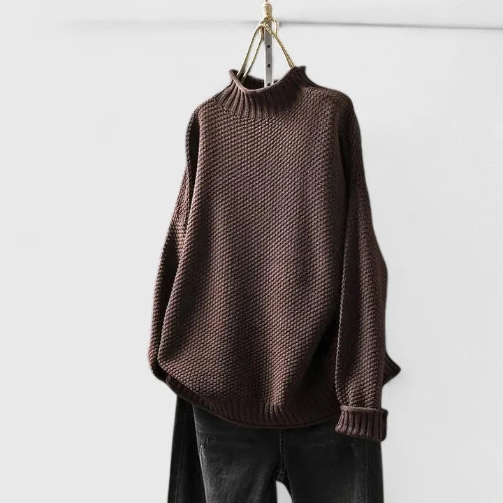 Women's knit winter roll neck sweater with popcorn texture - Red