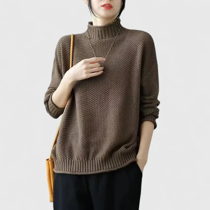 Women's knit winter roll neck sweater with popcorn texture - Red