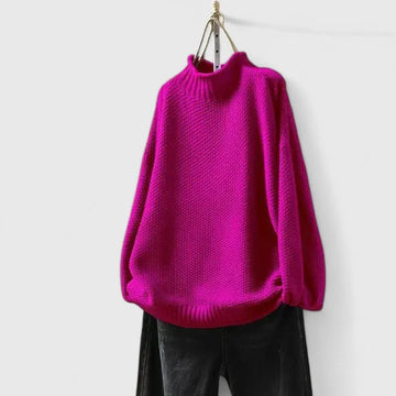 Women's knit winter roll neck sweater with popcorn texture - Red