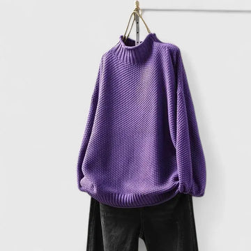 Women's knit winter roll neck sweater with popcorn texture - Red