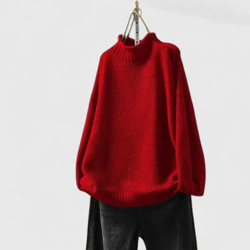 Women's knit winter roll neck sweater with popcorn texture - Red