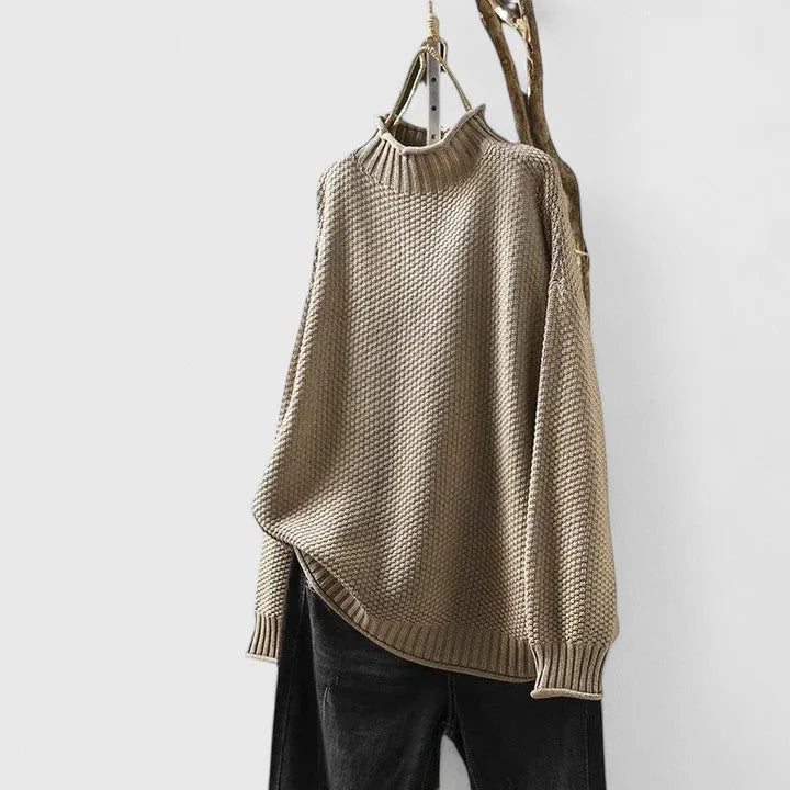 Women's knit winter roll neck sweater with popcorn texture - Red