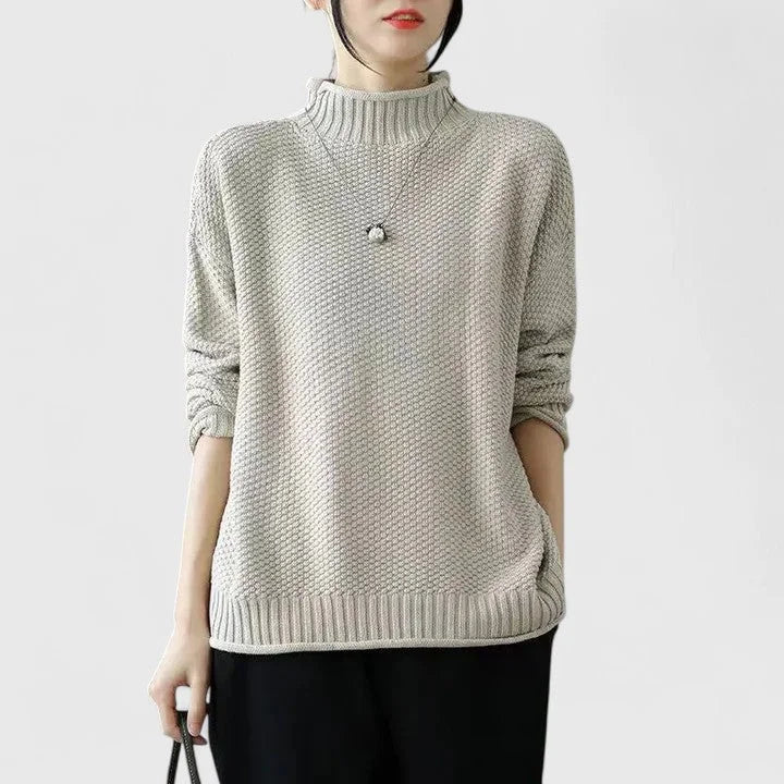 Women's knit winter roll neck sweater with popcorn texture - Red