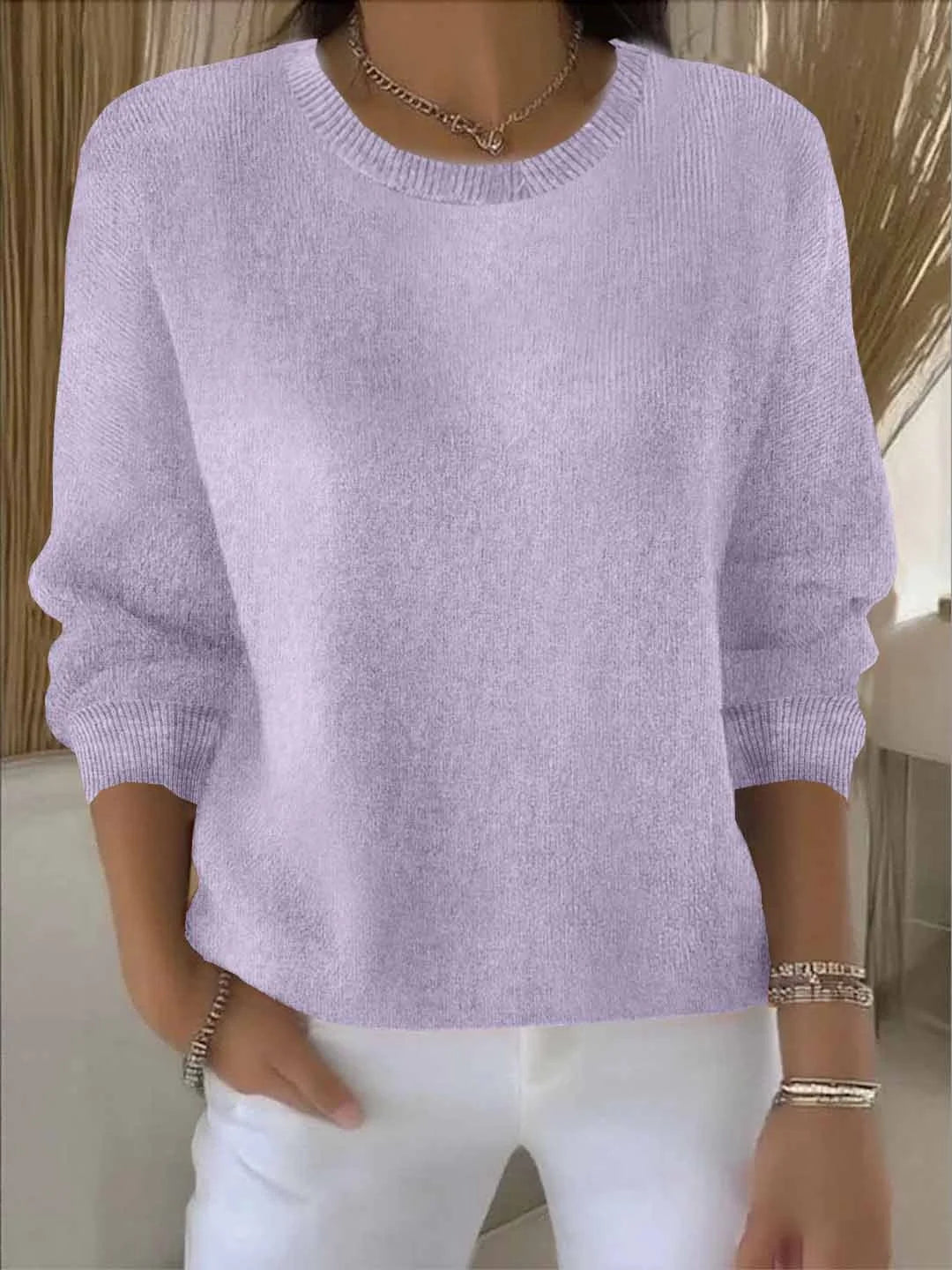 Women's knit crew neck winter sweater with ribbed cuffs and hem - Yellow