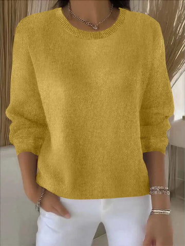 Women's knit crew neck winter sweater with ribbed cuffs and hem - Yellow
