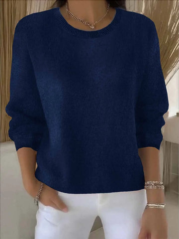 Women's knit crew neck winter sweater with ribbed cuffs and hem - Yellow