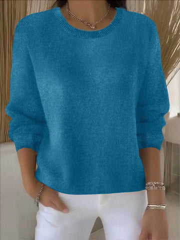 Women's knit crew neck winter sweater with ribbed cuffs and hem - Yellow