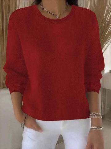 Women's knit crew neck winter sweater with ribbed cuffs and hem - Yellow
