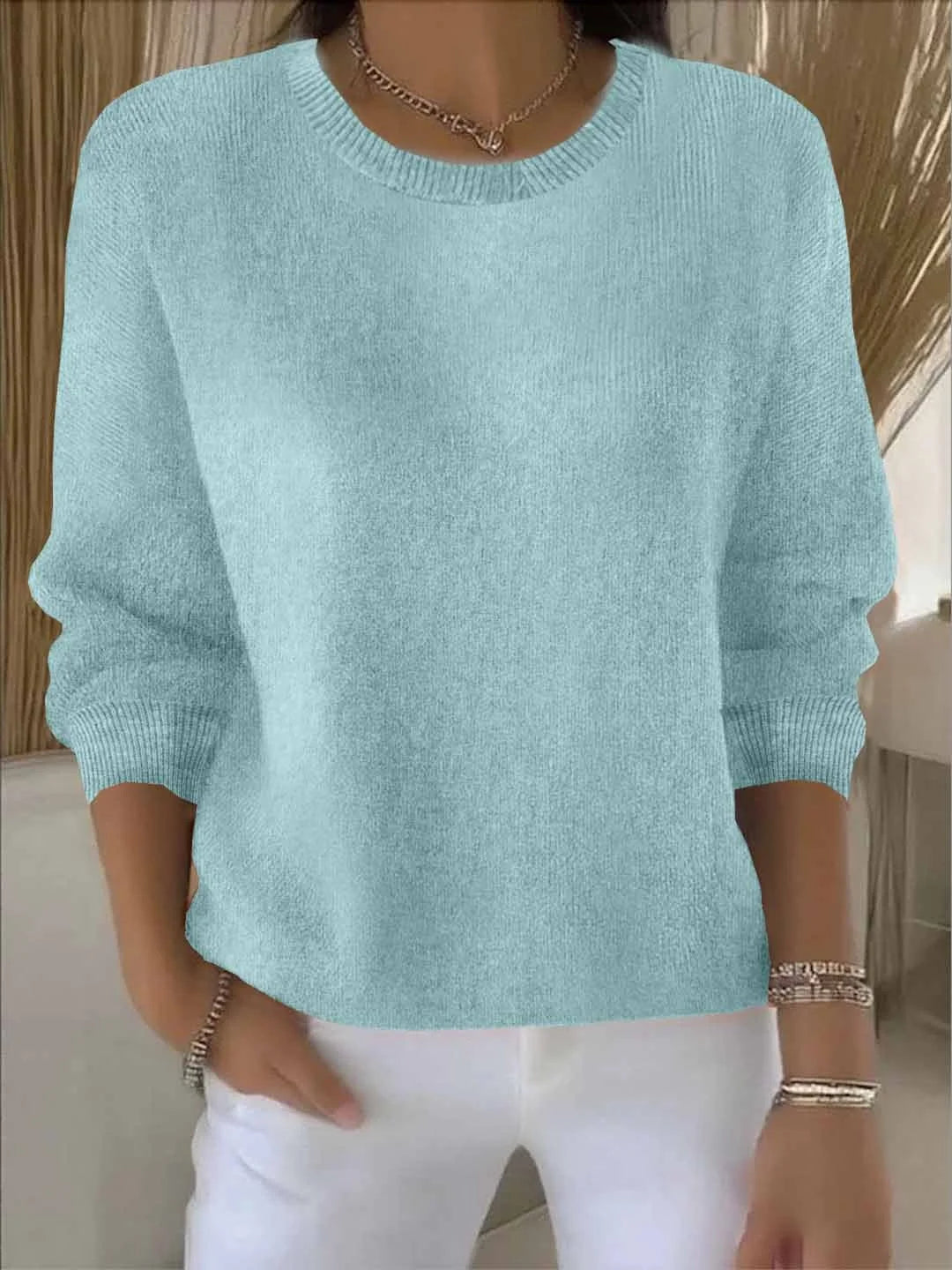 Women's knit crew neck winter sweater with ribbed cuffs and hem - Yellow