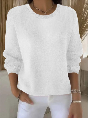Women's knit crew neck winter sweater with ribbed cuffs and hem - Yellow