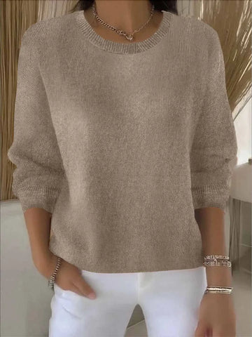 Women's knit crew neck winter sweater with ribbed cuffs and hem - Yellow