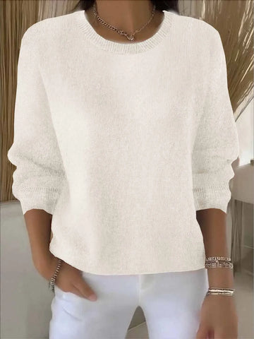 Women's knit crew neck winter sweater with ribbed cuffs and hem - Yellow