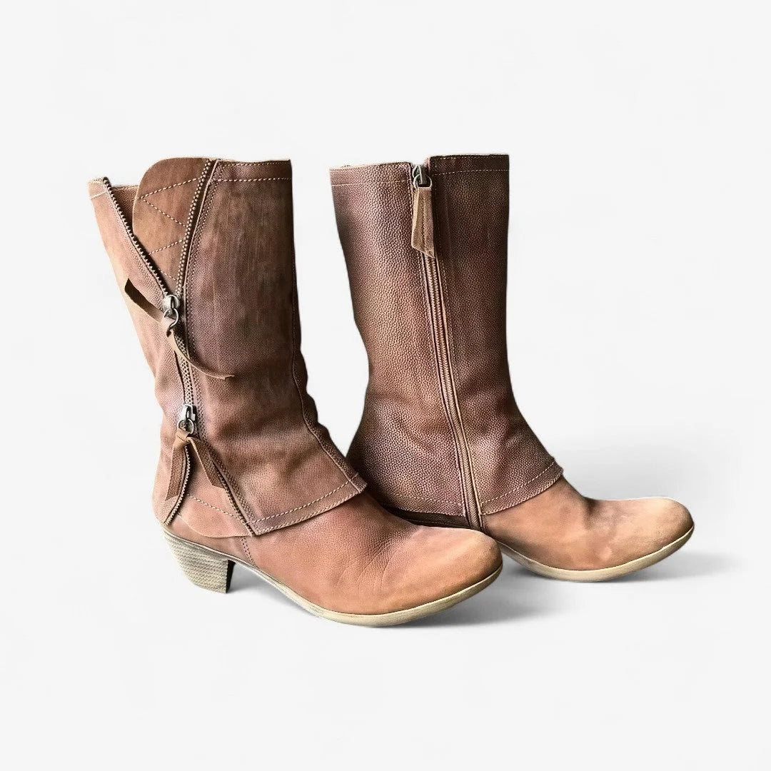 Women's suede side zip heeled winter boots with front zipper - Brown