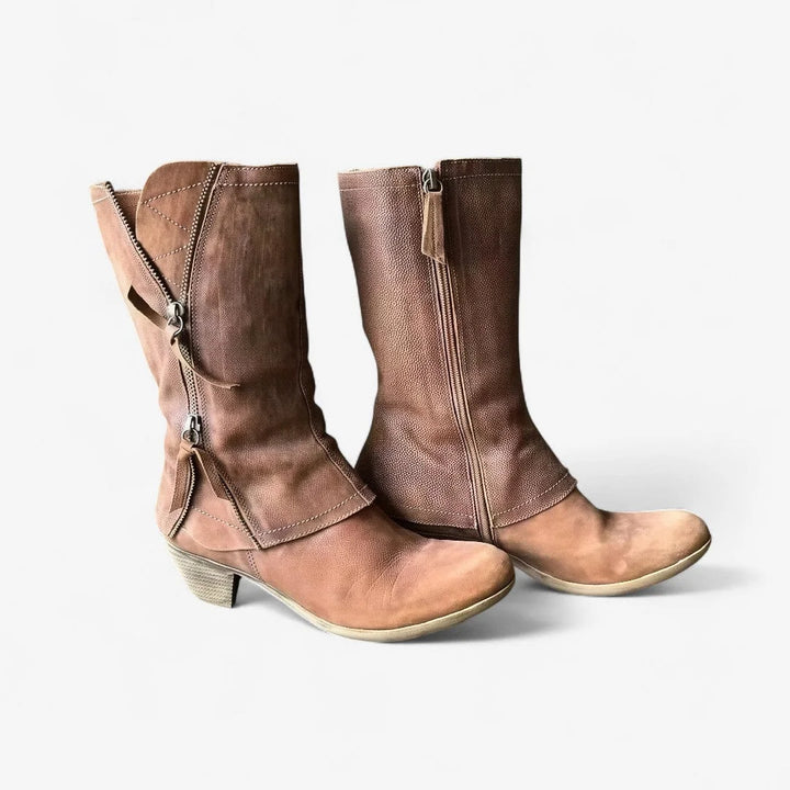 Women's suede side zip heeled winter boots with front zipper - Brown