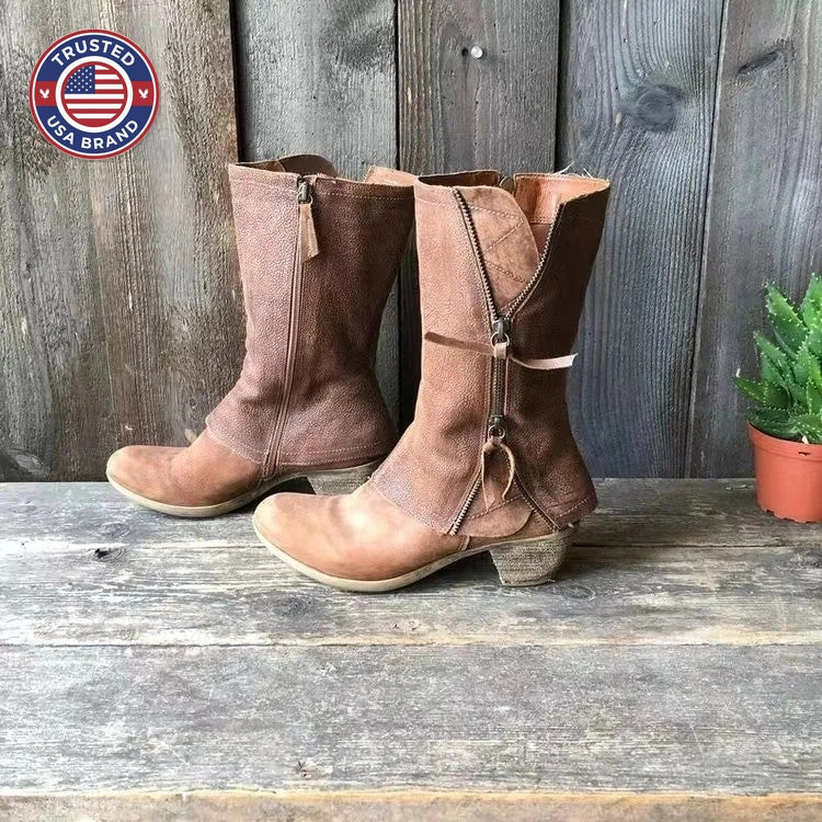 Women's suede side zip heeled winter boots with front zipper - Brown