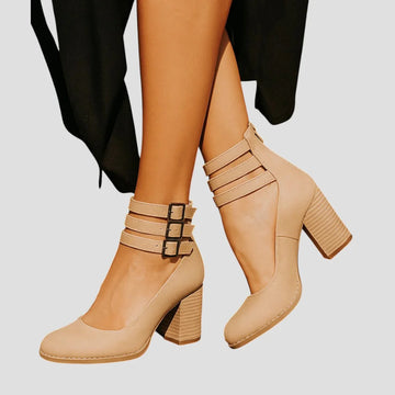 Women's faux leather buckle ankle winter boots with triple straps - Black