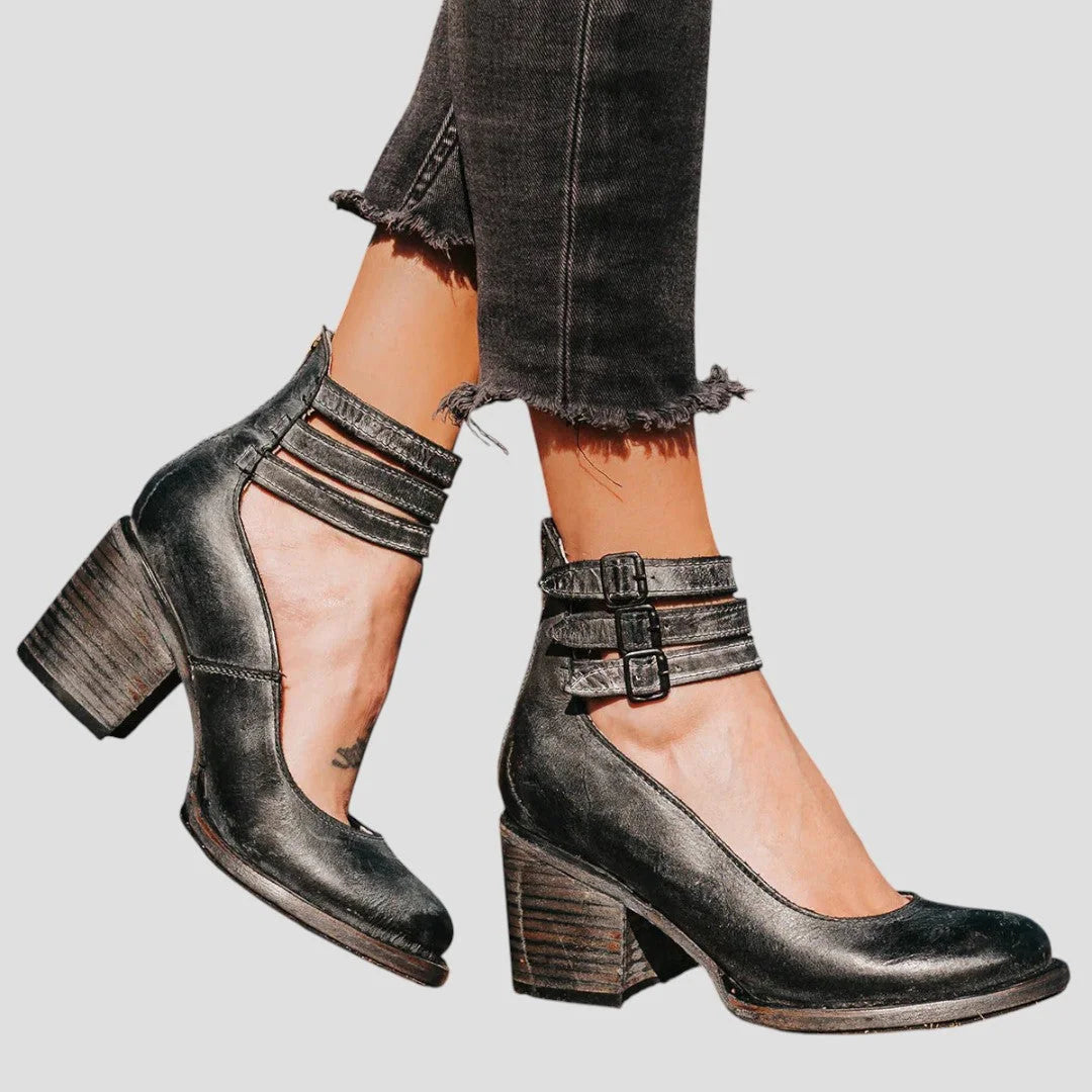 Women's faux leather buckle ankle winter boots with triple straps - Black