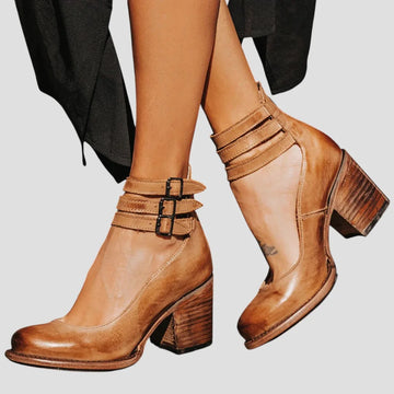 Women's faux leather buckle ankle winter boots with triple straps - Black