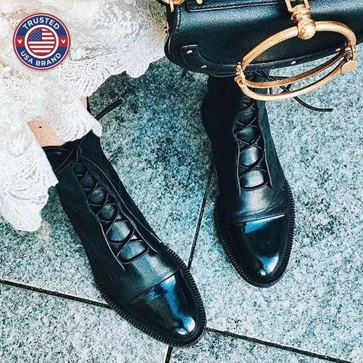 Women's faux leather lace-up knee high winter boots with two-tone toe cap - Black