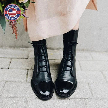 Women's faux leather lace-up knee high winter boots with two-tone toe cap - Black