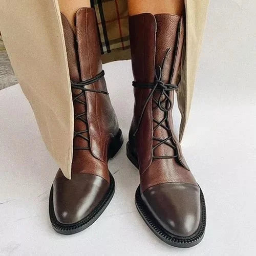 Women's faux leather lace-up knee high winter boots with two-tone toe cap - Black
