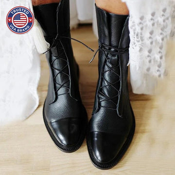 Women's faux leather lace-up knee high winter boots with two-tone toe cap - Black