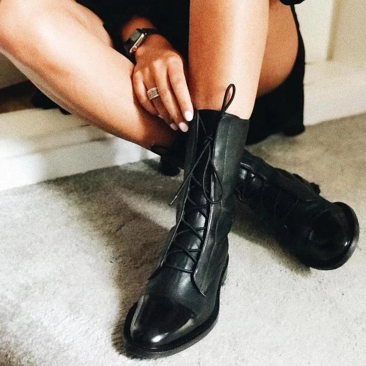 Women's faux leather lace-up knee high winter boots with two-tone toe cap - Black