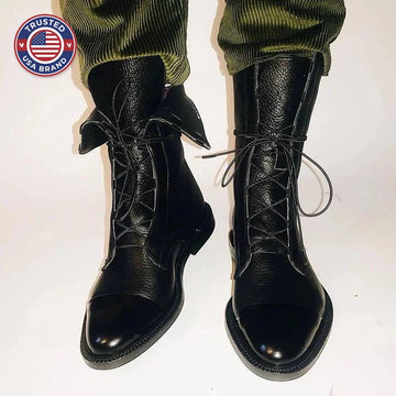 Women's faux leather lace-up knee high winter boots with two-tone toe cap - Black