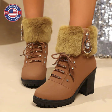 Women's faux fur rhinestone block heel snow ankle winter boots