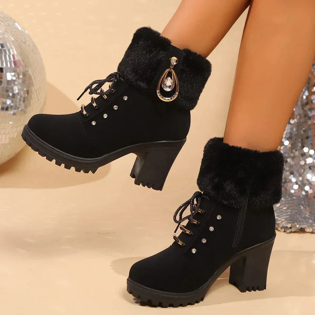 Women's faux fur rhinestone block heel snow ankle winter boots in Black