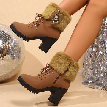 Women's faux fur rhinestone block heel snow ankle winter boots in Brown